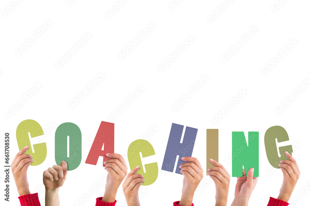 Digital png illustration of hands with coaching text on transparent background Digital png illustration of hands with coaching text on transparent background