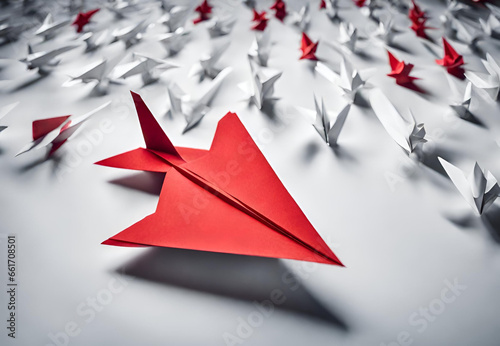 Creative Flight, Minimalist Air Travel Concept with Red Origami, Origami Paper Plane in Red