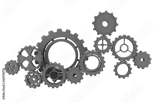 Digital png illustration of many gray connected gears on transparent background