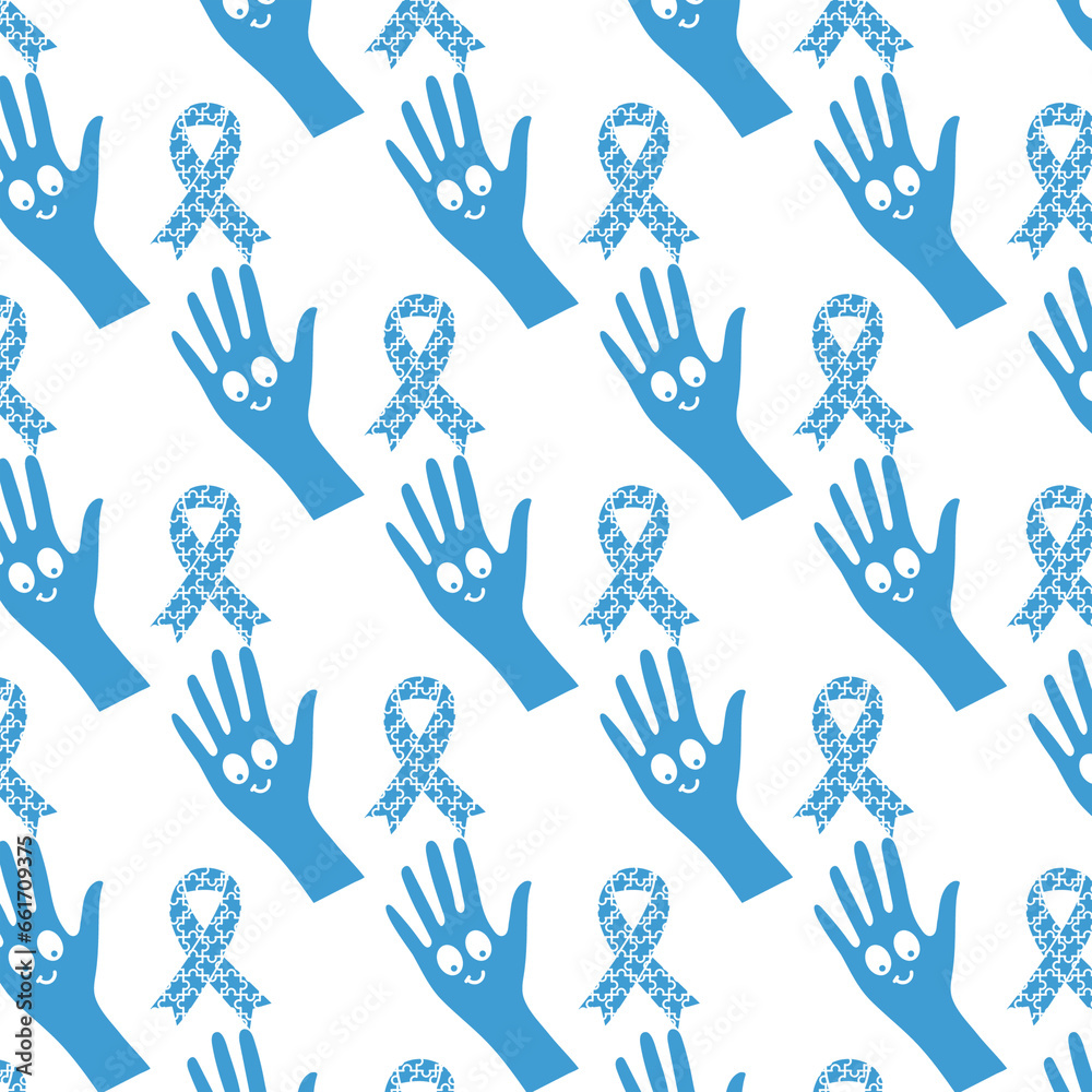 Fototapeta premium Digital png illustration of blue hands with smiles and ribbons repeated on transparent background
