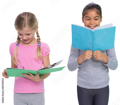 Digital png photo of two diverse girls reading from notebooks on transparent background