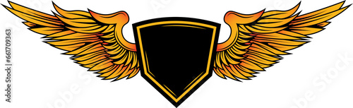 Digital png illustration of black tag with gold wings on transparent background