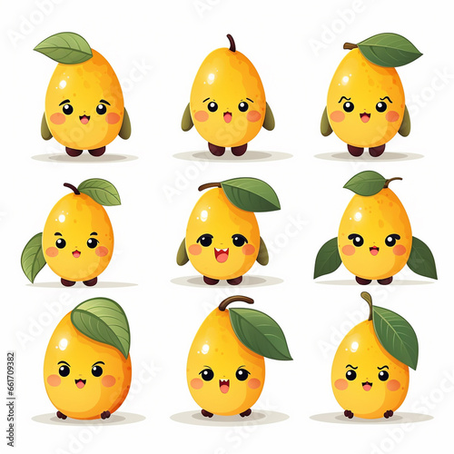 Cute cartoon mango character set. Vector illustration isolated on white background.