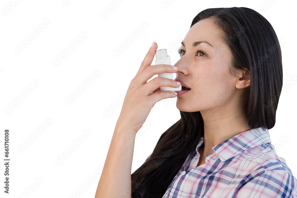 Digital png photo of caucasian woman with inhaler on transparent background Digital png photo of caucasian woman with inhaler on transparent background