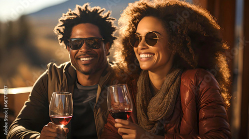African American couple sharing a wonderful wine in a vineyard, in the mountains of Mendoza, Argentina, Latin American culture