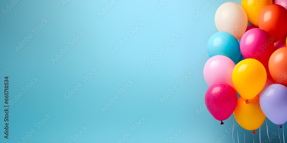 colourful balloons isolated on empty blue wall background with copy space colourful balloons isolated on empty blue wall background with copy space