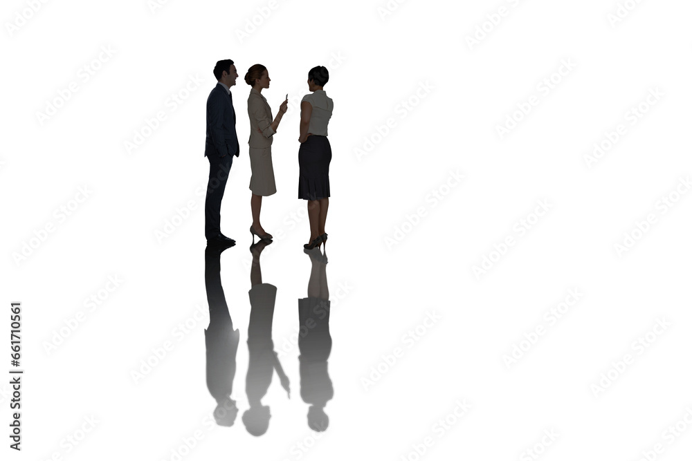 Digital png photo of diverse business people standing and talking on transparent background Digital png photo of diverse business people standing and talking on transparent background