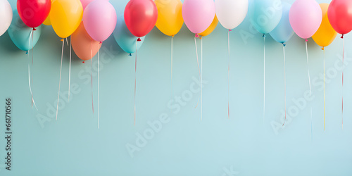 colourful balloons isolated on empty blue wall background with copy space