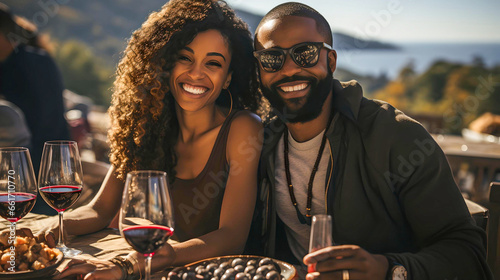 African American couple sharing a wonderful wine in a vineyard, in the mountains of Mendoza, Argentina, Latin American culture photo