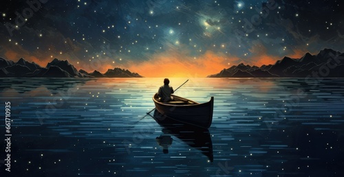 Person kayaking on lake at night