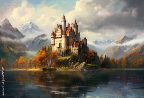 Beautiful Castle Overlooking a Tranquil Lake © jambulart