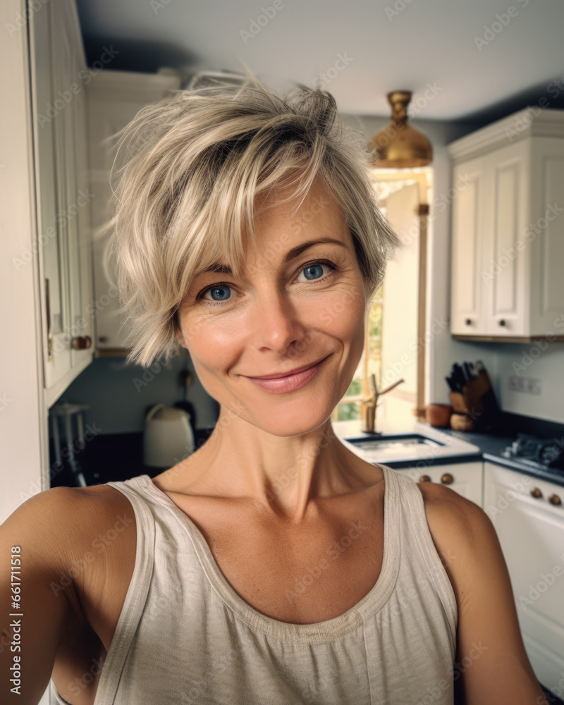 Happy middle aged woman taking a selfie at home Happy middle aged woman taking a selfie at home