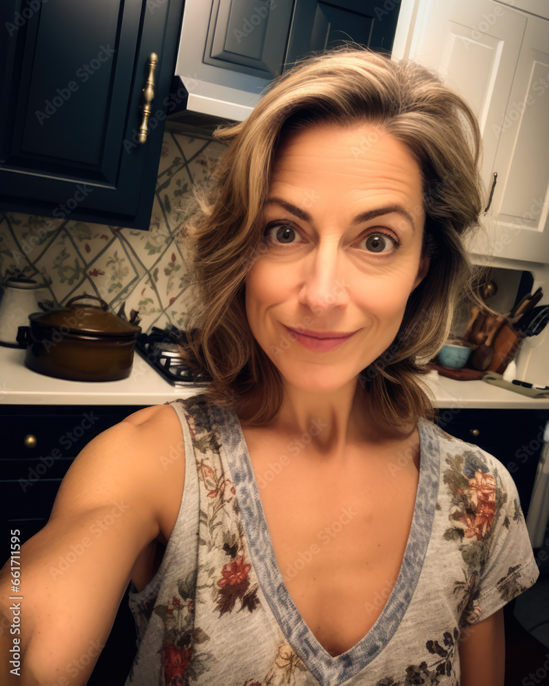 Happy middle aged woman taking a selfie at home Happy middle aged woman taking a selfie at home