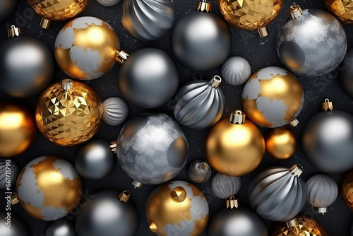 3d render of golden and silver christmas balls on black background