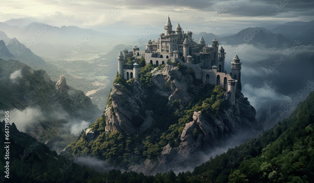 A charming gothic castle fortress sits at the top - obrazy, fototapety, plakaty 