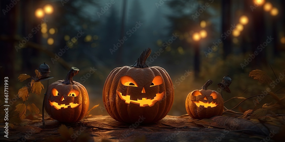 Fototapeta premium Autumn nights. Glowing halloween pumpkin. Creepy jack o lantern. Halloween symbol in dark. Spooky pumpkins carving. Sinister smile