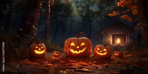 Autumn nights. Glowing halloween pumpkin. Creepy jack o lantern. Halloween symbol in dark. Spooky pumpkins carving. Sinister smile © Thares2020