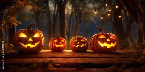 Autumn nights. Glowing halloween pumpkin. Creepy jack o lantern. Halloween symbol in dark. Spooky pumpkins carving. Sinister smile © Thares2020