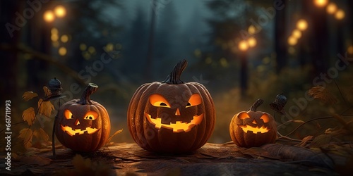 Autumn nights. Glowing halloween pumpkin. Creepy jack o lantern. Halloween symbol in dark. Spooky pumpkins carving. Sinister smile © Thares2020