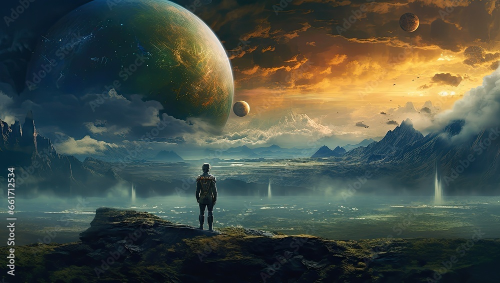 Surreal sci-fi style rear view of boy standing in the universe