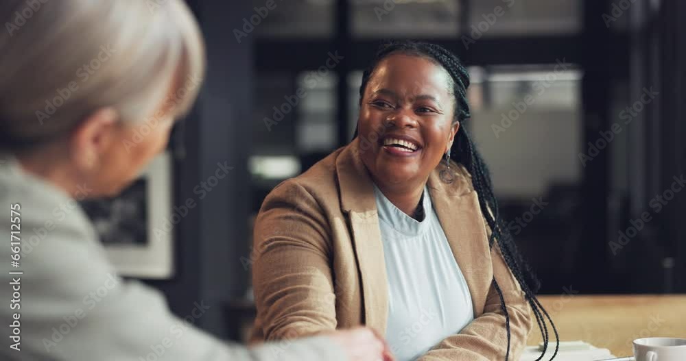 Business woman, handshake and job interview in Human Resources meeting, welcome and partnership or deal. Professional clients shaking hands for recruitment, HR hiring and thank you or congratulations Business woman, handshake and job interview in Human Resources meeting, welcome and partnership or deal. Professional clients shaking hands for recruitment, HR hiring and thank you or congratulations