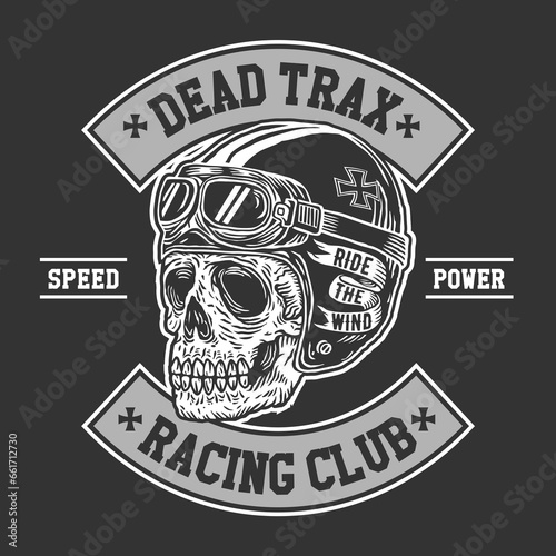 Skull Racer Wearing Helmet Character Design with Hand Drawing Vector Illustration in Patch Design Style Dead Trax Racing Club