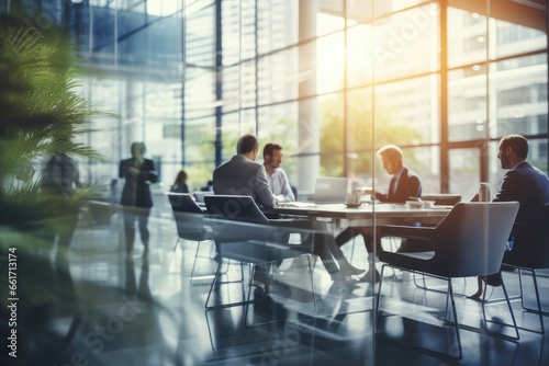 Business meeting in glass room office with blurred people background