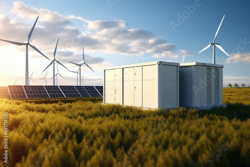 Modern battery energy storage system with wind turbines and solar in grass fields photo