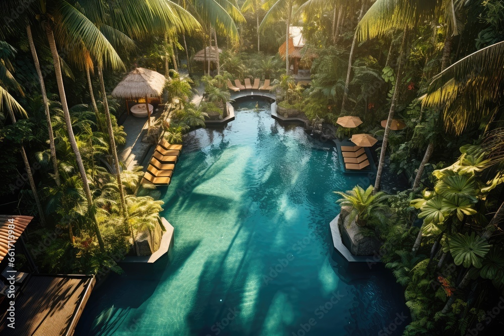 View of swimming pool and sunbeds in tropical jungle resort, Creating a serene and relaxing ambiance surrounded by the nature. Bali, Indonesia. View of swimming pool and sunbeds in tropical jungle resort, Creating a serene and relaxing ambiance surrounded by the nature. Bali, Indonesia.