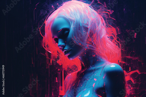 Sci-fi, fantasy, beauty, fashion concept. Sci-fi very beautiful and sexy looking woman close-up portrait. Futuristic style with neon colored light. Model clothing made from plastic. Generative AI