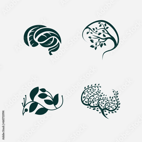 Set of vector logo, icon, emblem design with brain tree. Think green, eco, save earth and environmental concept. Flat outline brain tree isolated illustration