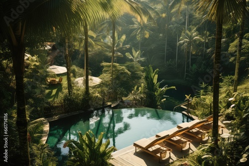 View of swimming pool and sunbeds in tropical jungle resort  Creating a serene and relaxing ambiance surrounded by the nature. Bali  Indonesia.