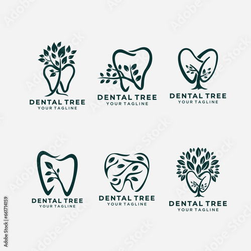 Set bundle of dental and tree logo design template with line art style Premium Vector