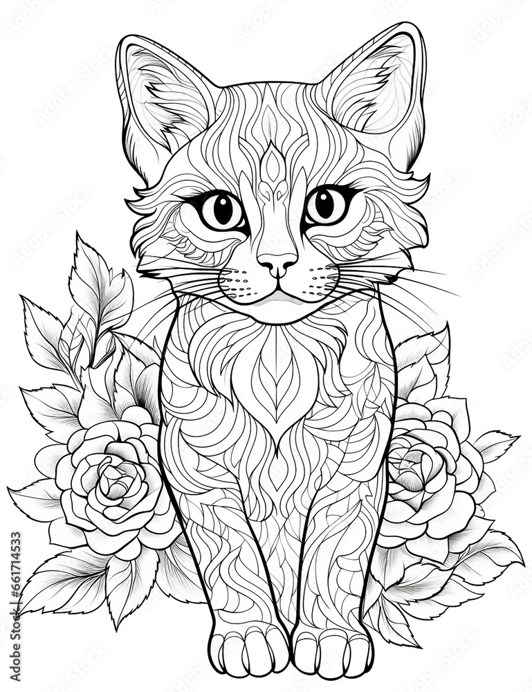 custom made wallpaper toronto digitalCat head with flowers. Hand-drawn illustration for adult coloring page.