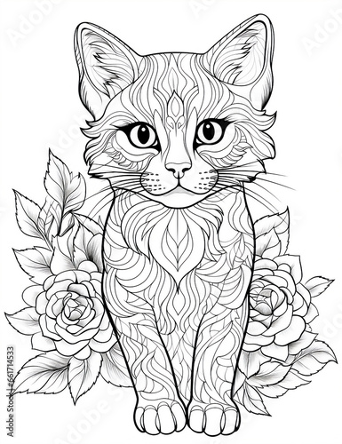 Cat head with flowers. Hand-drawn illustration for adult coloring page. © soysuwan123
