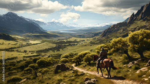 horseback riding through the mountains and streams of Argentine Patagonia, wonderful landscape, pure nature, Latin America