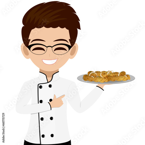 Happy Chef Pointing at a Platter of Sizzling Chicken Kababs