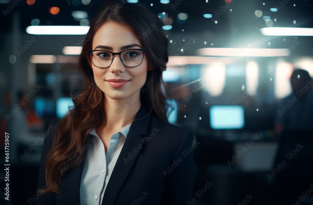 Fototapeta premium The businesswoman in her business suit is illuminated by dynamic and modern technology lighting design in both the foreground and background.