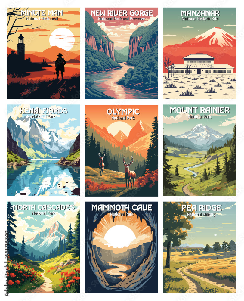 National Park Art Prints - Majestic Wilderness Collection. Minute man, new river gorge, manzanar, kenai fjords, olypic...