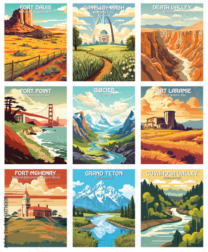 National Park Poster Collection for Nature Enthusiasts. Fort Dauis, gateway arch, death valley...