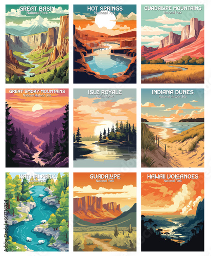 National Park Art Prints - Natural Wonders Collection. Great basin, hot springs, guadalupe mountains, great smoky mountains...