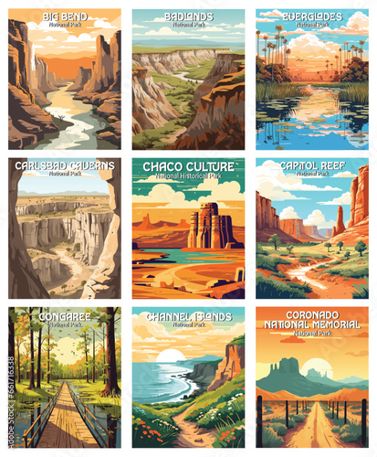 Set of 9 Pieces National Park Posters, National Park Art Prints Nature Wall Art and Mountain Print Set Abstract Travel for Hikers Campers Living Room Decor. Big bend, badlands, euerglades... photo