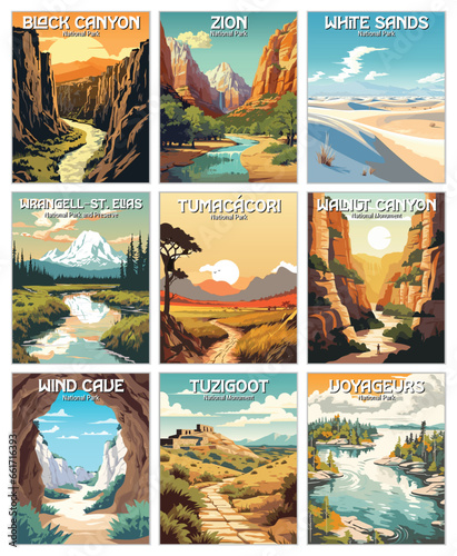 Set of 9 Vector Art of National Park. Black canyon, zion, white sands, wrangell-st.elias, tumacácori, walnut canyon, wind cave, tuzigoot, voyageurs. Template for banner poster.