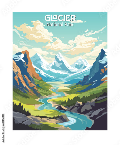 Vector Art of Glacier National Park. Template of Illustration Graphic Modern Poster for art prints or banner design photo