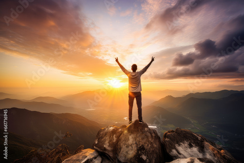 A man stands on top of a mountain and looks into the distance at sunset, concept image of success photo