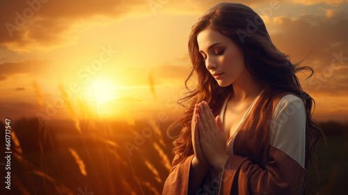 Fotografie, Obraz Side view backlight portrait of a woman praying and looking above at sunset