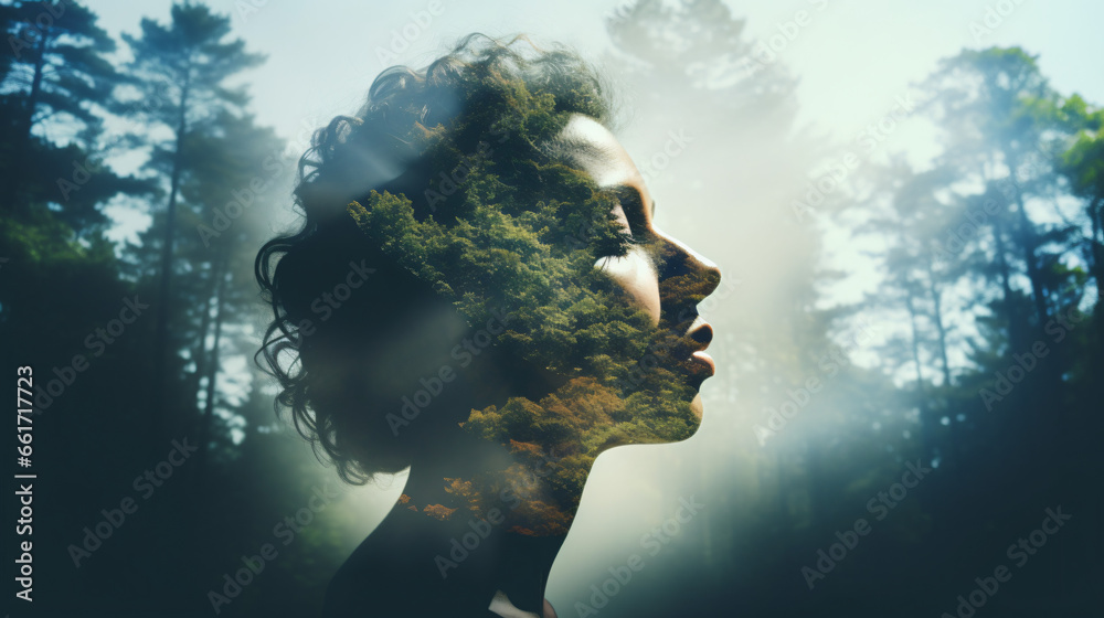 A womans face with trees and clouds