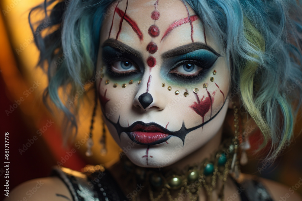 Halloween holidays or festival concept. Beautiful young woman in Halloween style background. Generative AI