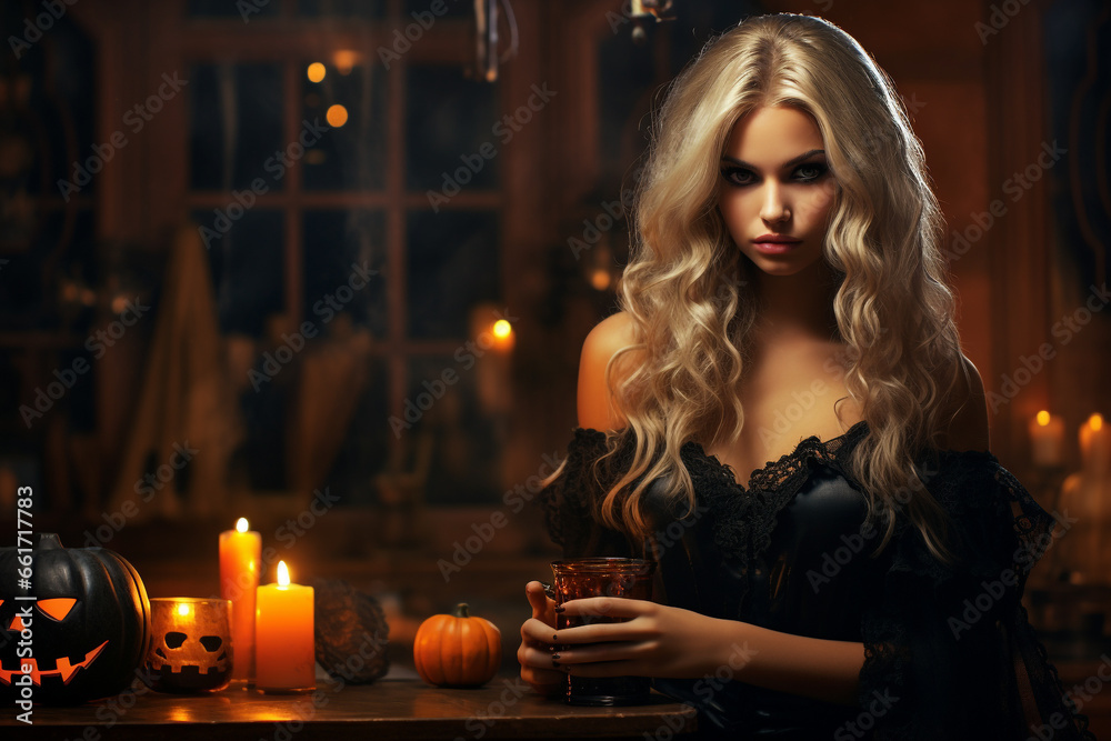 Halloween holidays or festival concept. Beautiful young woman in Halloween style background. Generative AI Halloween holidays or festival concept. Beautiful young woman in Halloween style background. Generative AI