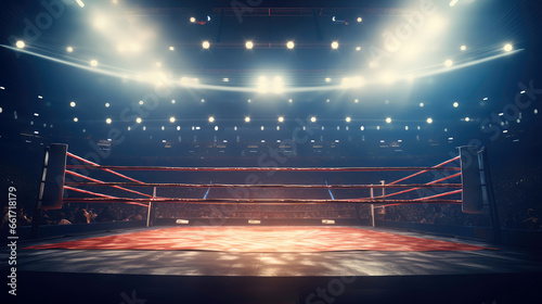 Empty wrestling boxing ring filled with spotlights, competition arena photo